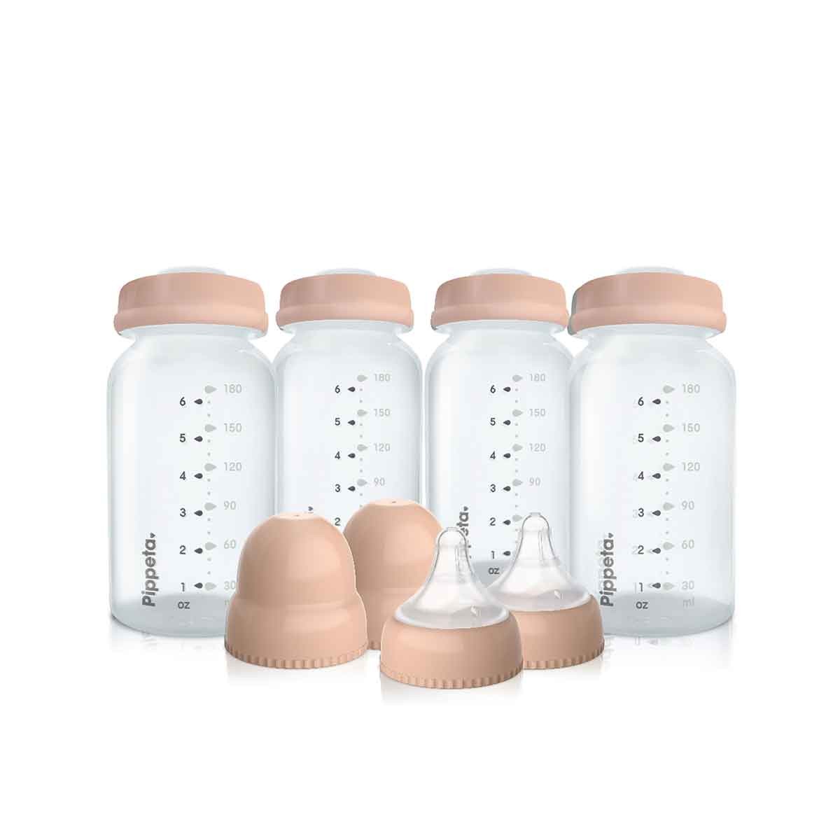 Clear plastic milk storage bottles with measurement markings, featuring soft pink lids and two interchangeable nipples, designed by Pippeta for easy milk storage.