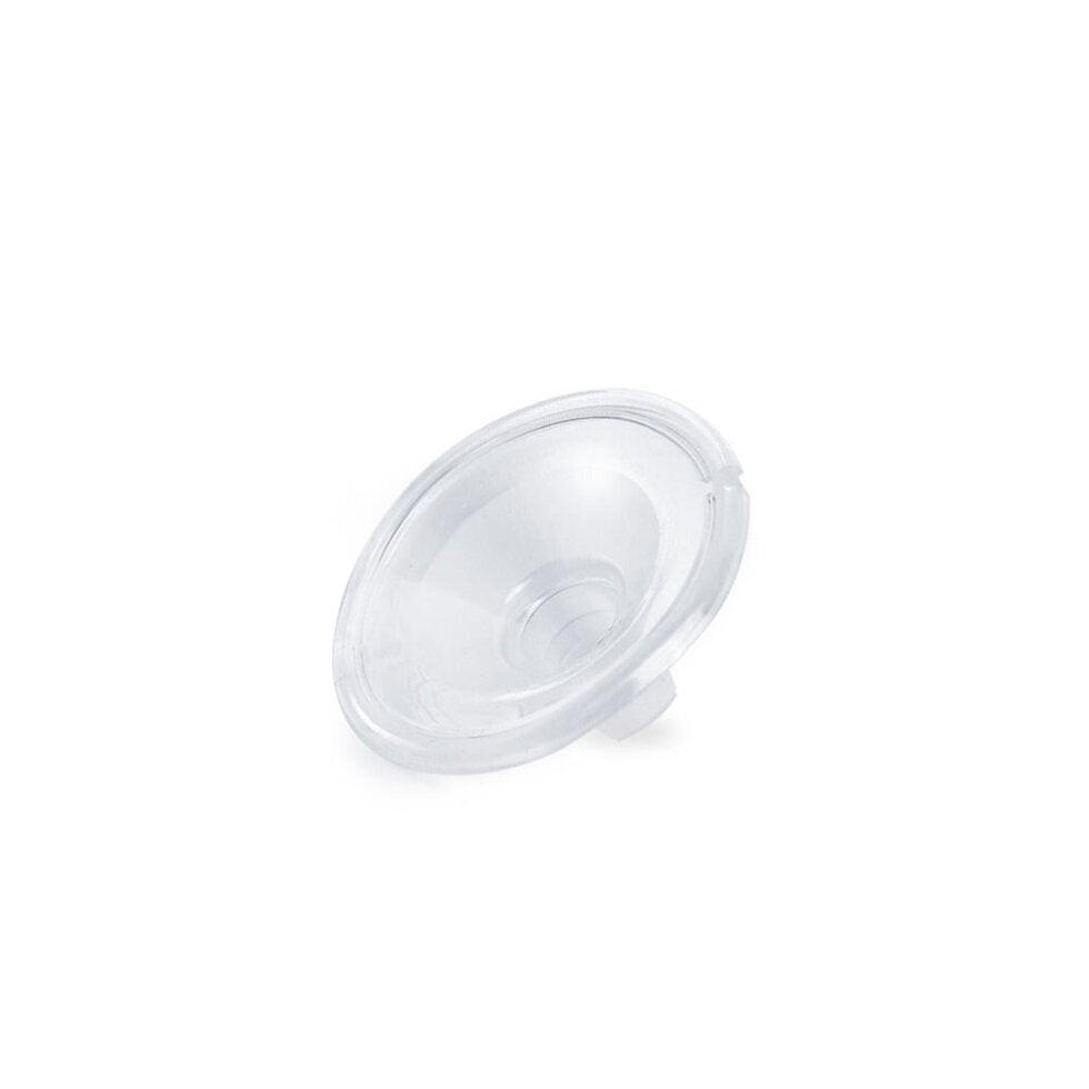 Clear, circular compact pump flange shield measuring 27mm, made of durable plastic, featuring a smooth surface and a central opening for easy attachment.