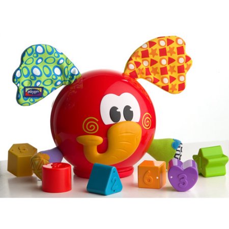 Bright red elephant shape sorter with colorful patterned ears, featuring various shaped blocks in vibrant colors like blue, green, and yellow for interactive play.