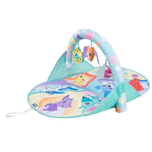 Colorful infant activity gym featuring a soft, padded mat with cartoon animals, a curved arch with hanging toys, and a mint green border for travel convenience.