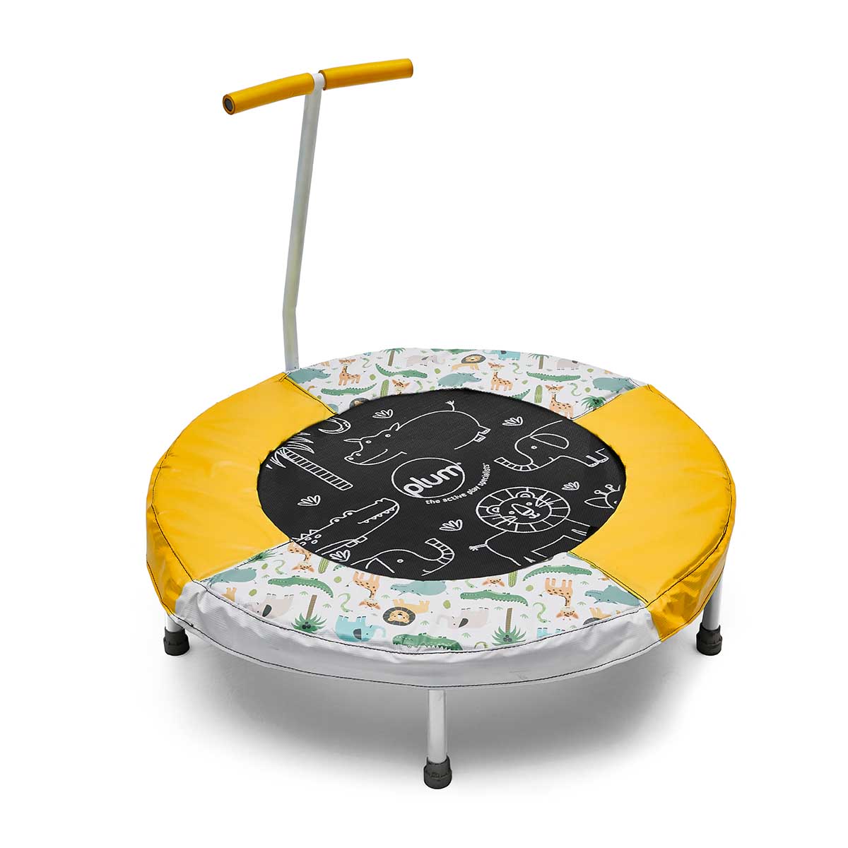 Plum Junior Jungle Bouncer in yellow features a round padded jumping surface with jungle animal designs, a sturdy metal frame, and a safety handle for support.