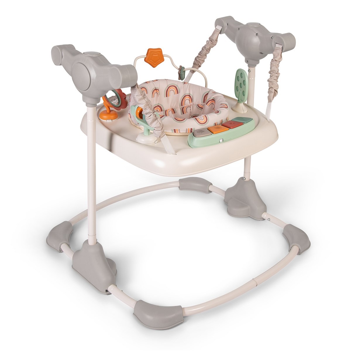 Cream-colored baby jumper with a padded seat, featuring various toys and textures, adjustable height, and a sturdy gray frame for stability.