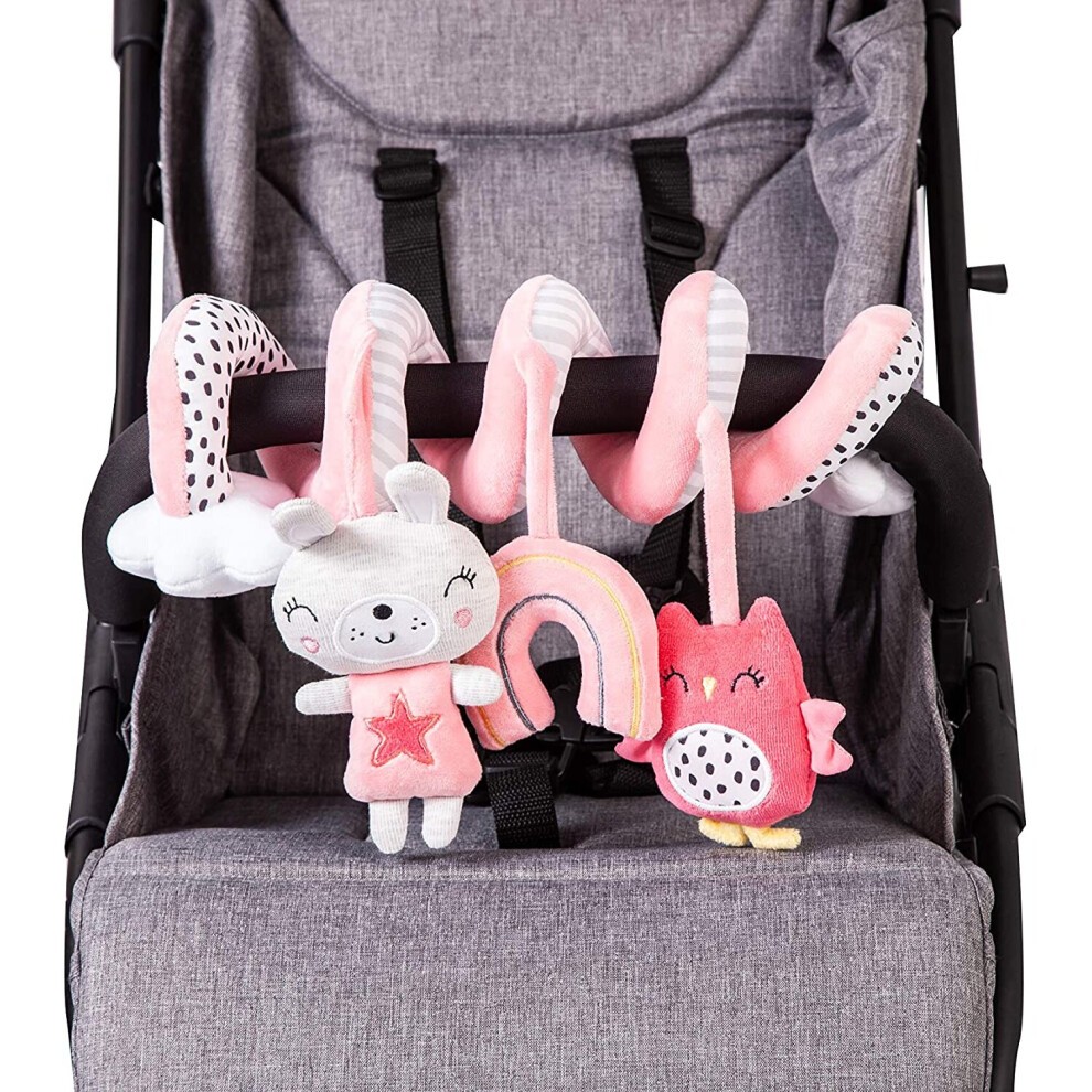 Colorful plush toys including a bunny, rainbow, and owl, attached to a soft spiral structure in pink and white, designed for stroller entertainment.