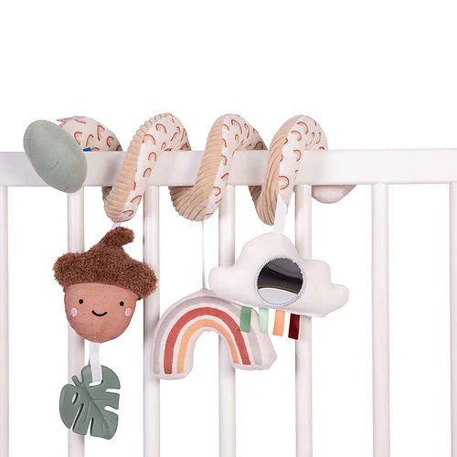 Colorful plush baby toy featuring a spiral design with a soft acorn, rainbow, cloud mirror, and leaf, designed to hang from a crib.
