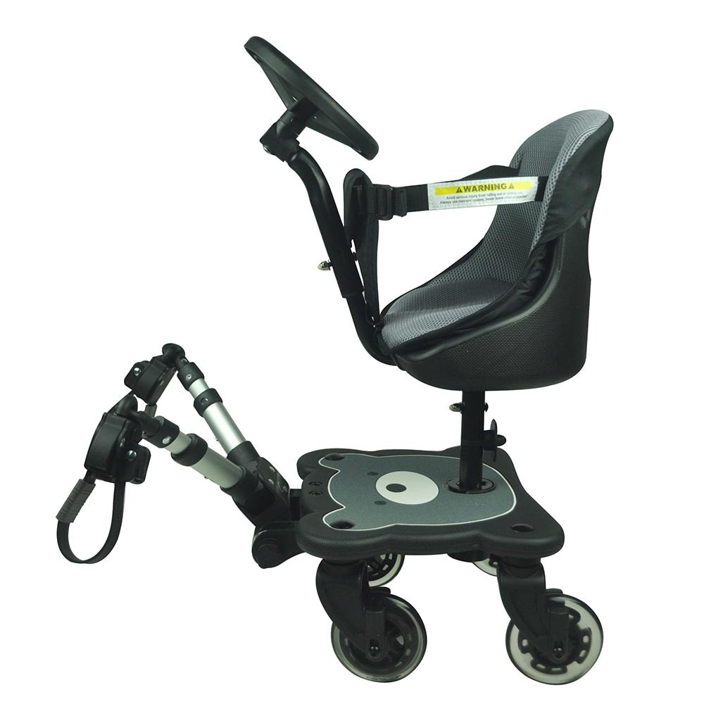 Roma 4 Rider Ride Buggy Board features a black and gray design, with a comfortable seat, adjustable handlebar, and four wheels for easy maneuverability.