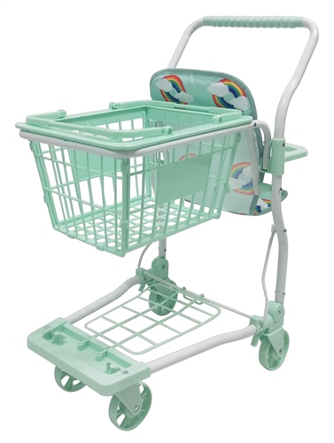 Light mint green shopping trolley with a wire basket, white metal frame, and a colorful rainbow-patterned seat, featuring a sturdy handle and four wheels for easy maneuverability.