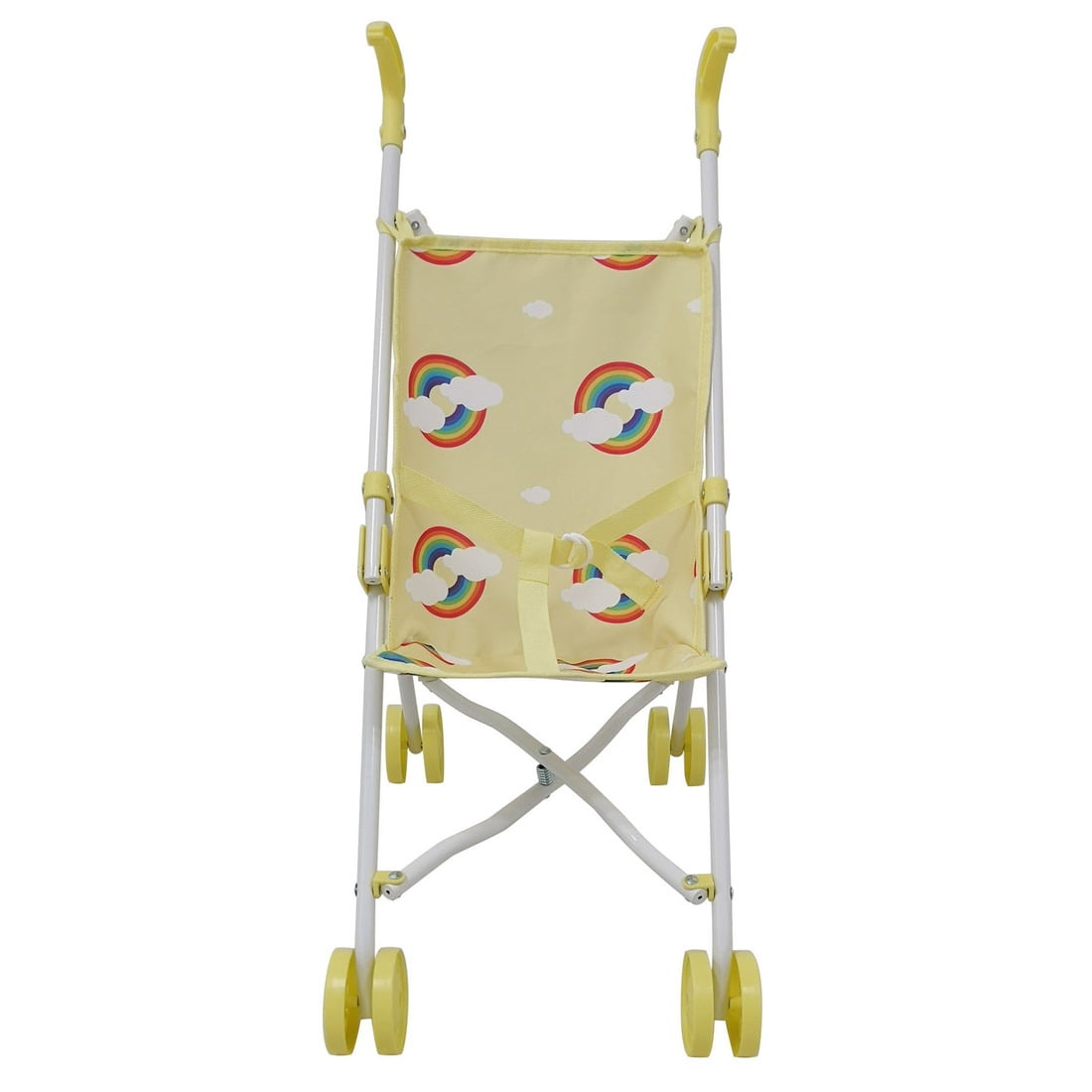 Yellow umbrella buggy with rainbow and cloud patterns, featuring a lightweight frame, yellow handles, and four wheels for easy maneuverability.