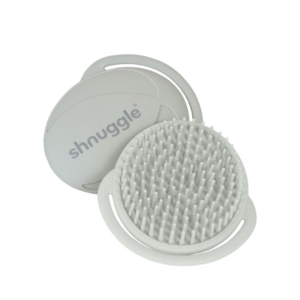 Grey Shnuggle Baby Bath Brush featuring a circular design with soft, flexible bristles for gentle cleaning, made from durable, easy-to-clean material.