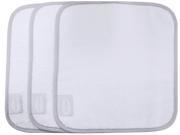 Three soft, white baby wash cloths with gray trim, designed for gentle cleaning, featuring a square shape and made from absorbent material.