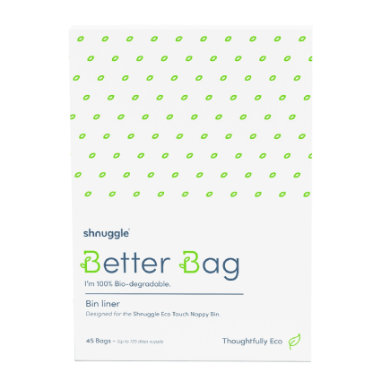 White packaging featuring a green polka dot pattern, labeled "Better Bag," with text highlighting it's 100% biodegradable and designed for the Shnuggle Eco Touch Nappy Bin.
