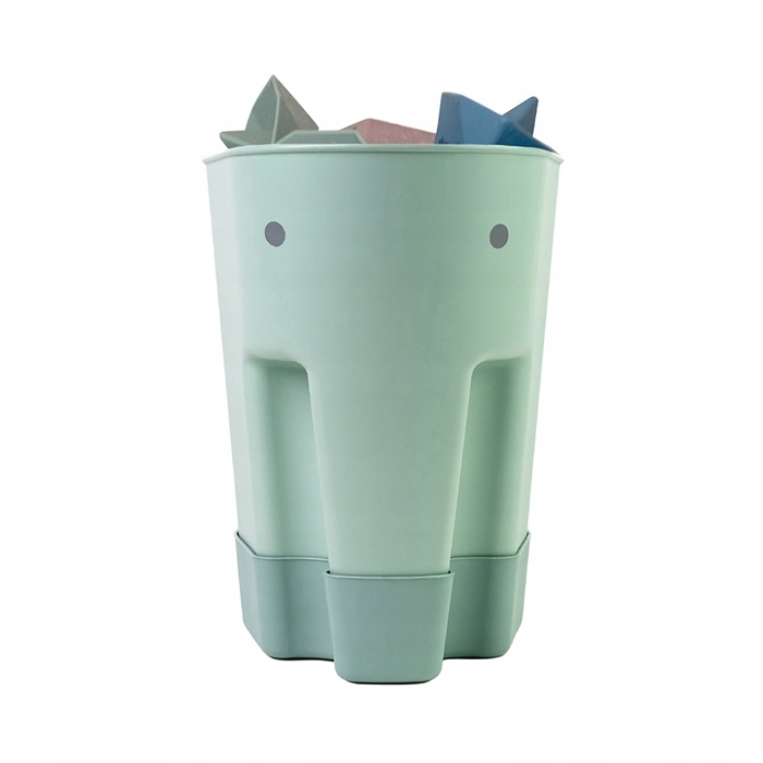 Shnuggle Ellie Bath Toy Scoop & Drying Caddy in eucalyptus green, featuring an elephant design with a rounded body and two ears, holding colorful foam bath toys.