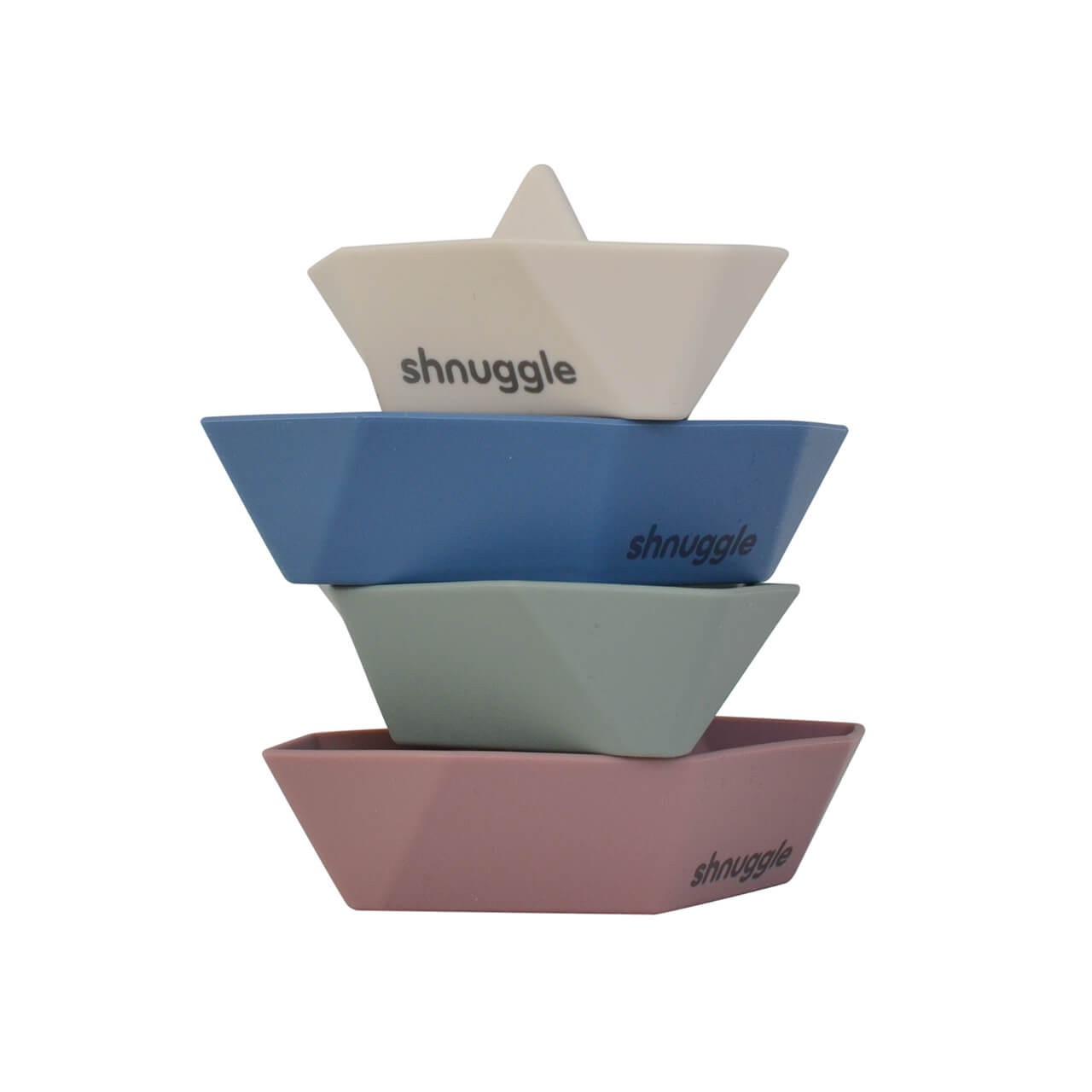 Four stackable bath boats in soft pastel colors: cream, blue, green, and pink, made from durable, non-toxic material, featuring a modern design with the "Shnuggle" logo.