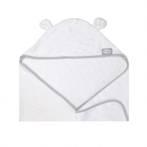 White hooded baby towel made of soft, absorbent bamboo cotton, featuring cute ears and a grey trim, designed for comfortable post-bath wear.