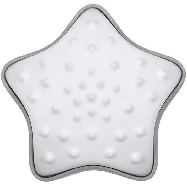 White star-shaped bath toy with a textured surface featuring raised dots, framed in a soft grey border, designed for safe play during bath time.