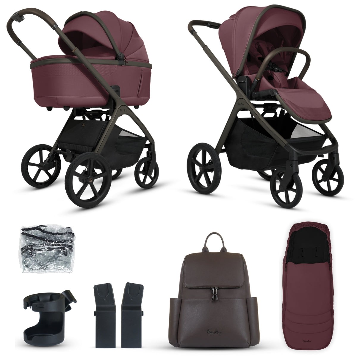 Silver Cross Cove Pram in deep damson with a sleek black frame, featuring a removable carrycot, adjustable handle, and a matching brown accessory bundle including a backpack and footmuff.