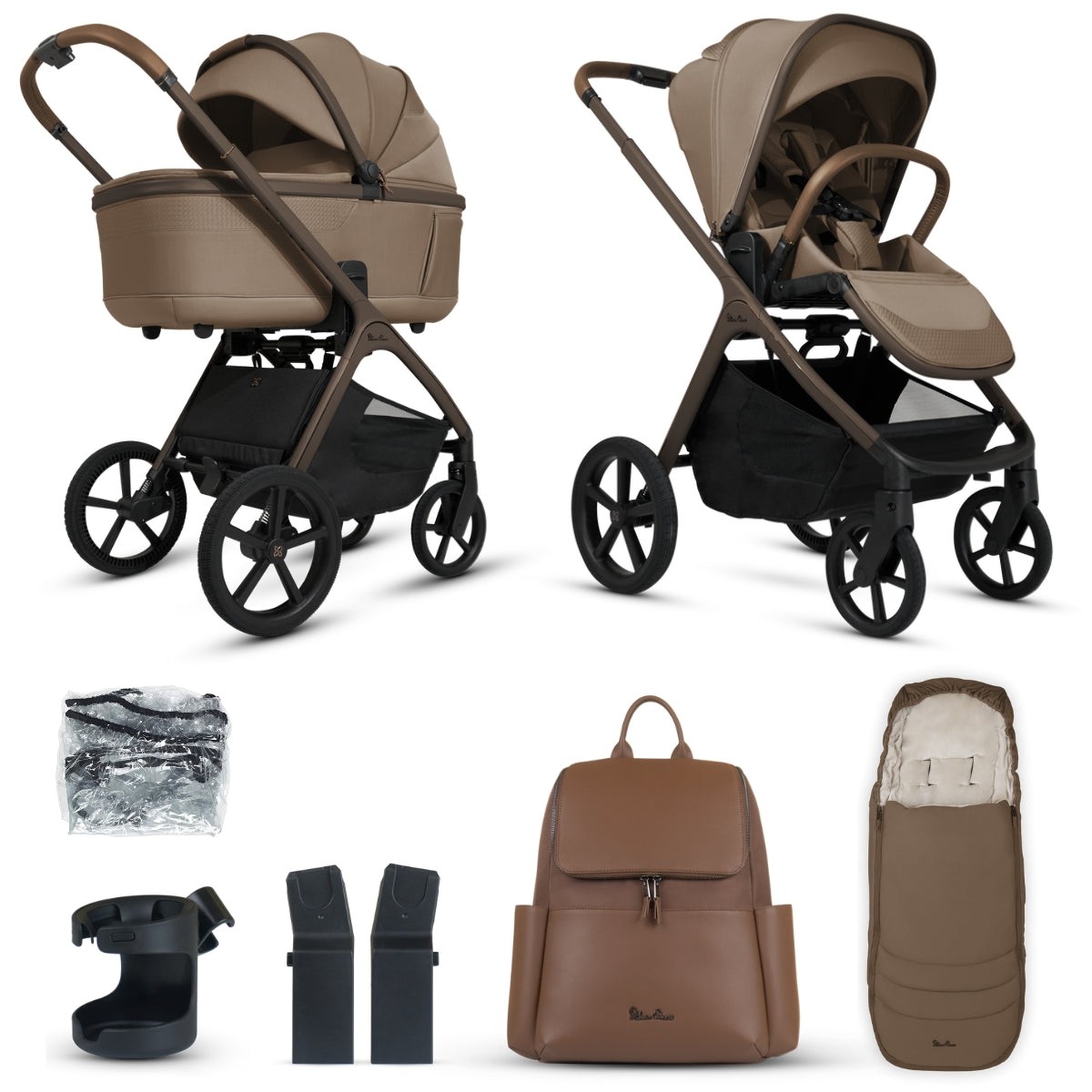 Silver Cross Cove pram in maple color features a sleek design with a fabric bassinet, adjustable handle, and a matching brown accessory bundle including a backpack and pram liner.