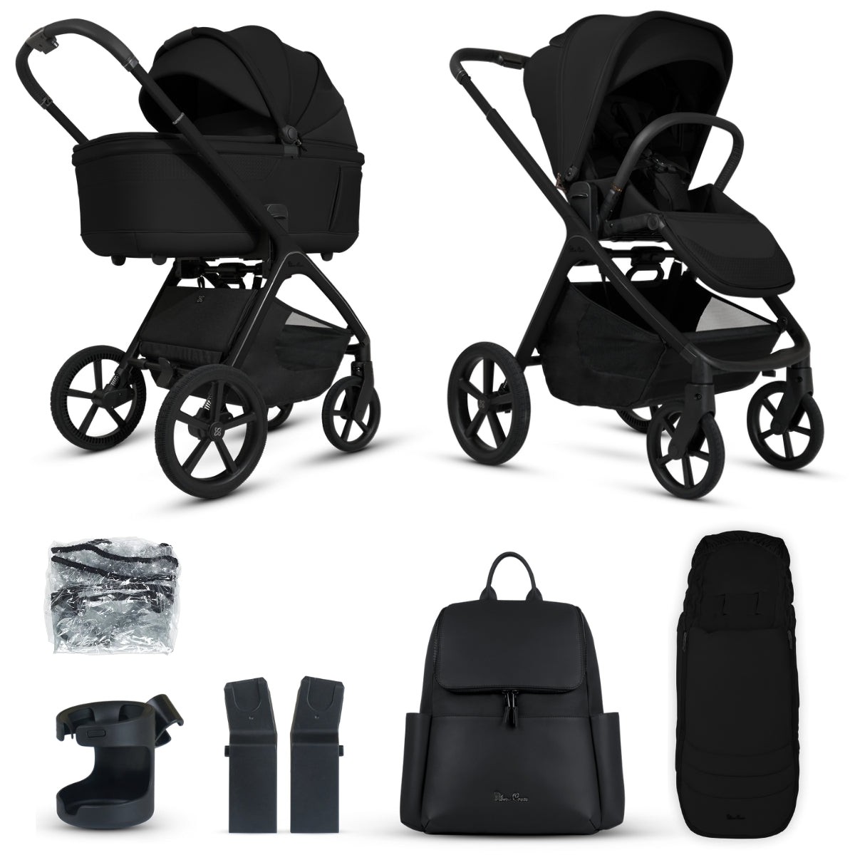 Silver Cross Cove Pram in Onyx features a sleek black design with a sturdy frame, large wheels, a removable bassinet, and an accessory bundle including a backpack and cup holder.
