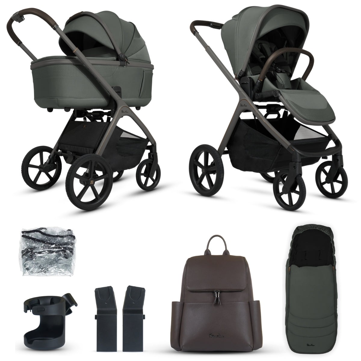 Silver Cross Cove Pram in pewter grey features a sleek design with a carrycot, adjustable seat, large wheels, and includes a matching brown backpack and accessory bundle.