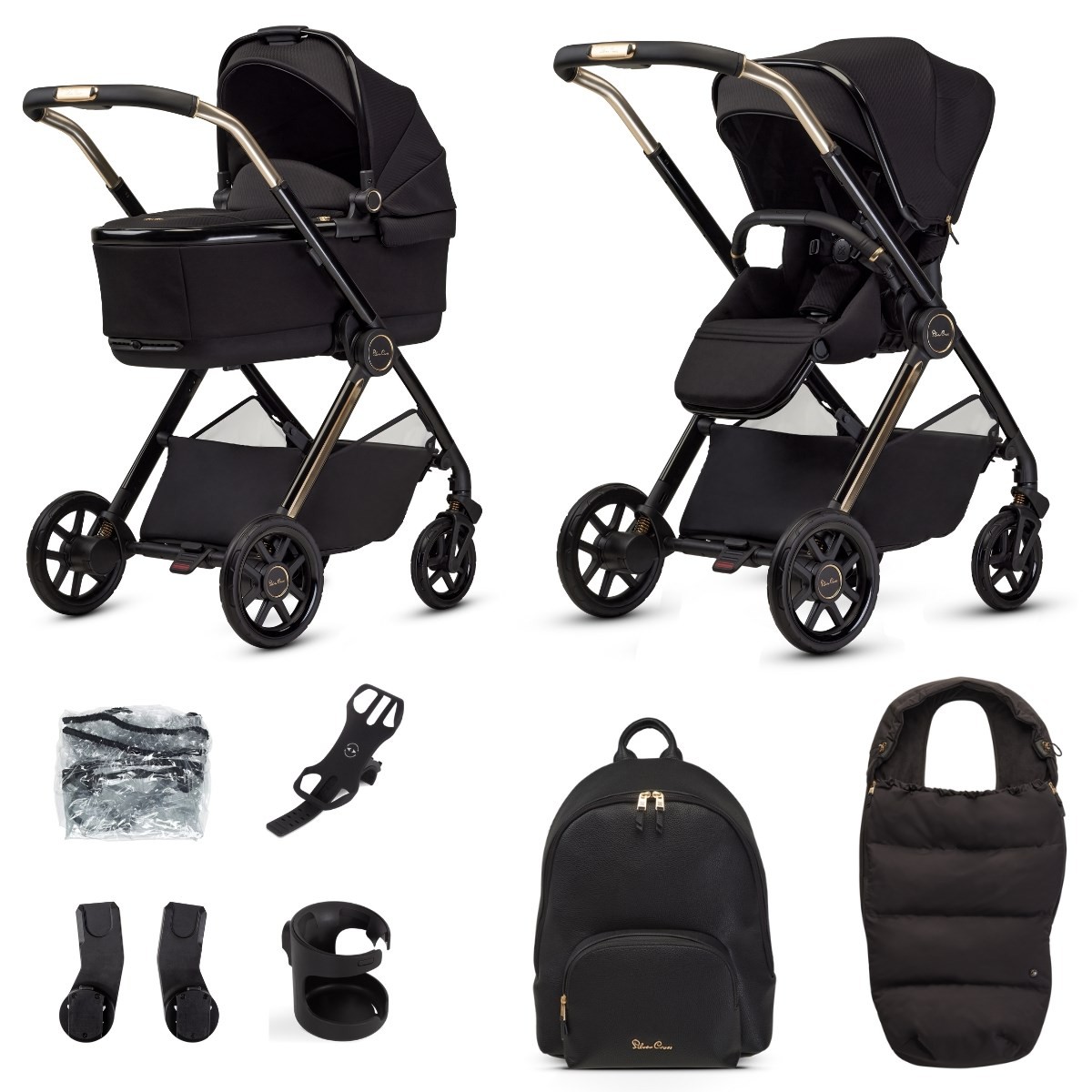 Silver Cross Reef 2 Special Edition pram and pushchair in espresso color, featuring a sleek black fabric, gold accents, detachable carrycot, and matching black backpack and footmuff.