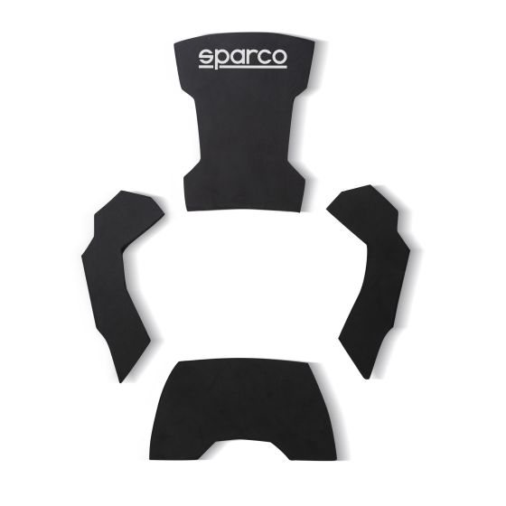 Black Sparco Kart Seat Pad Kit Pro featuring a contoured design with multiple pieces for enhanced comfort and support, showcasing the Sparco logo prominently on the top pad.