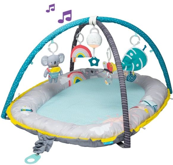 Blue and grey baby gym with musical features, soft padded mat, arching supports, hanging toys including an elephant and rainbow, designed for infant play and stimulation.