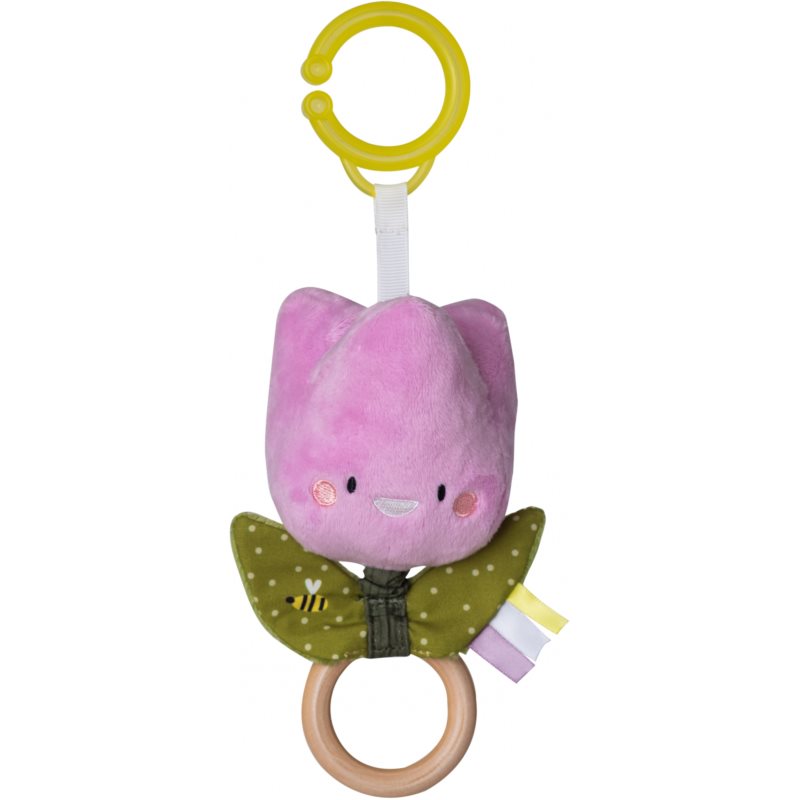 Soft pink tulip flower toy with a smiling face, green leaves, and a wooden ring; features a jittering mechanism and a yellow attachment ring, designed for infants.