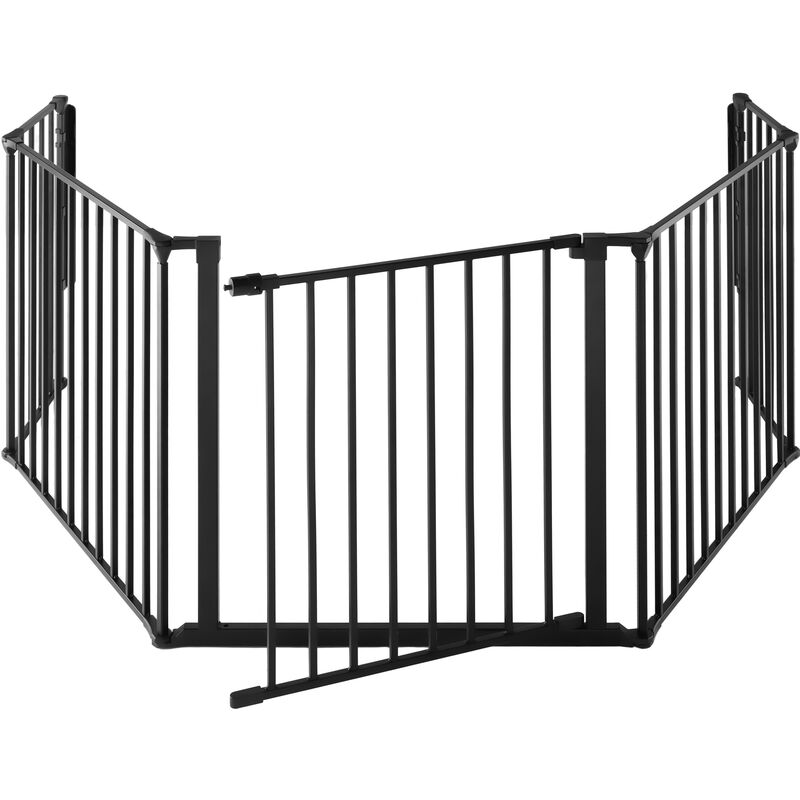 Black metal safety gate with five sections, featuring vertical bars and a hinged door, designed for fireplace protection and child safety.