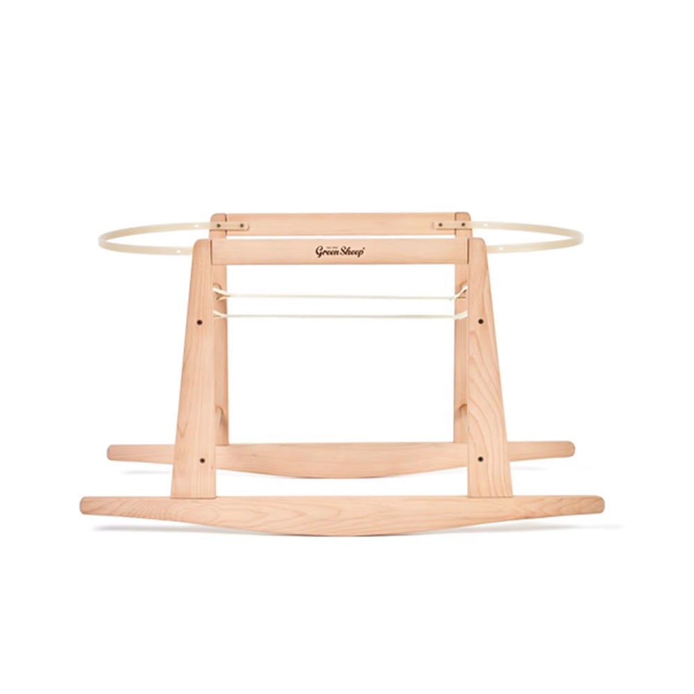 Natural wood rocking stand for Moses baskets, featuring a smooth finish, curved rockers, and a sturdy frame with a simple design, ideal for gentle rocking.