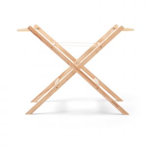 Natural wood Moses basket stand with a simple, cross-legged design, featuring smooth finishes and a sturdy construction for secure support.