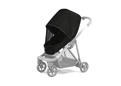Black all-weather cover for Thule Shine stroller, featuring a breathable mesh panel, designed to protect against rain and sun while maintaining visibility for the child.