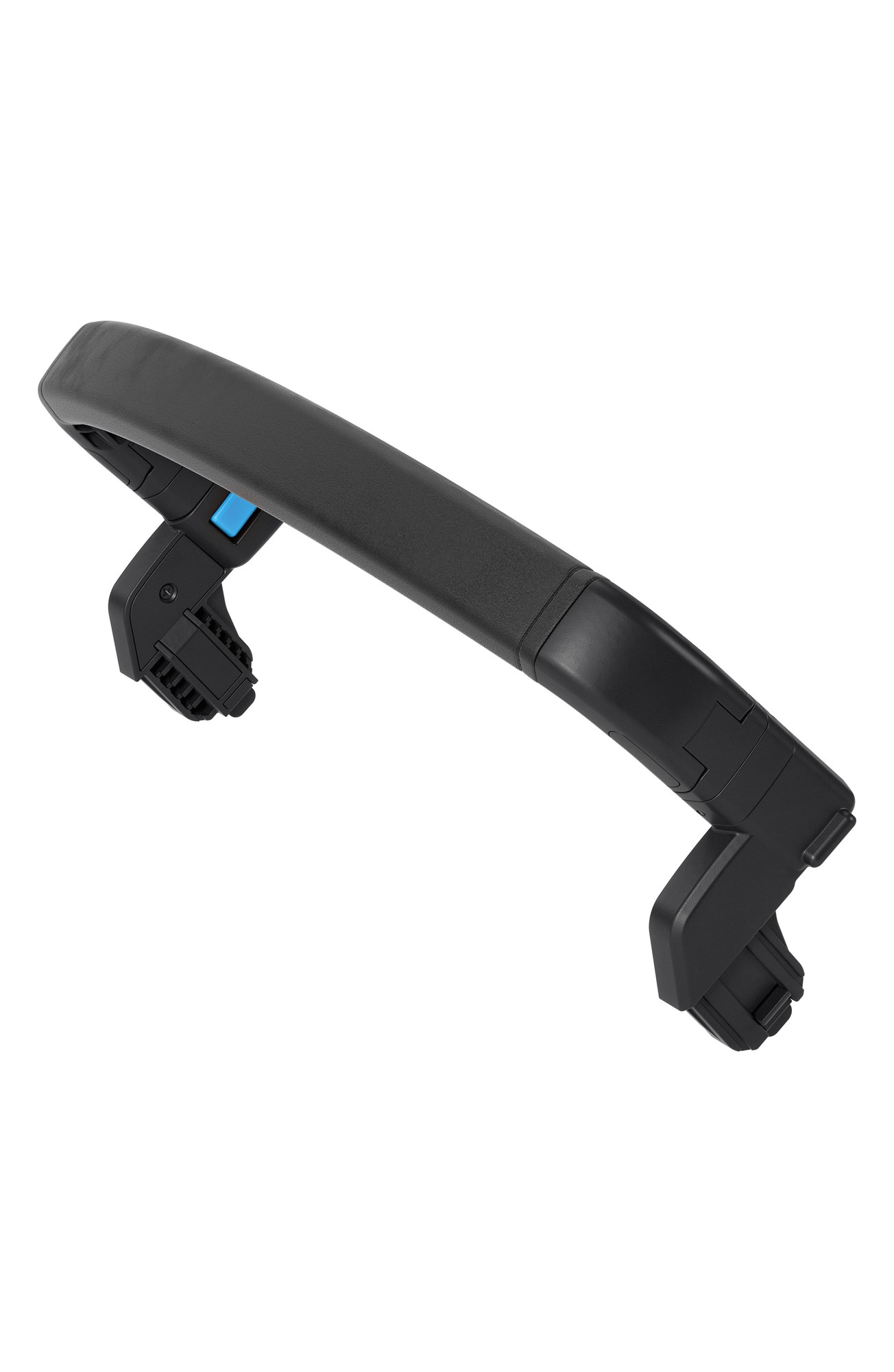 Black Thule Spring Bumper Bar with a sleek, curved design and adjustable mounting clips for secure attachment to a stroller.