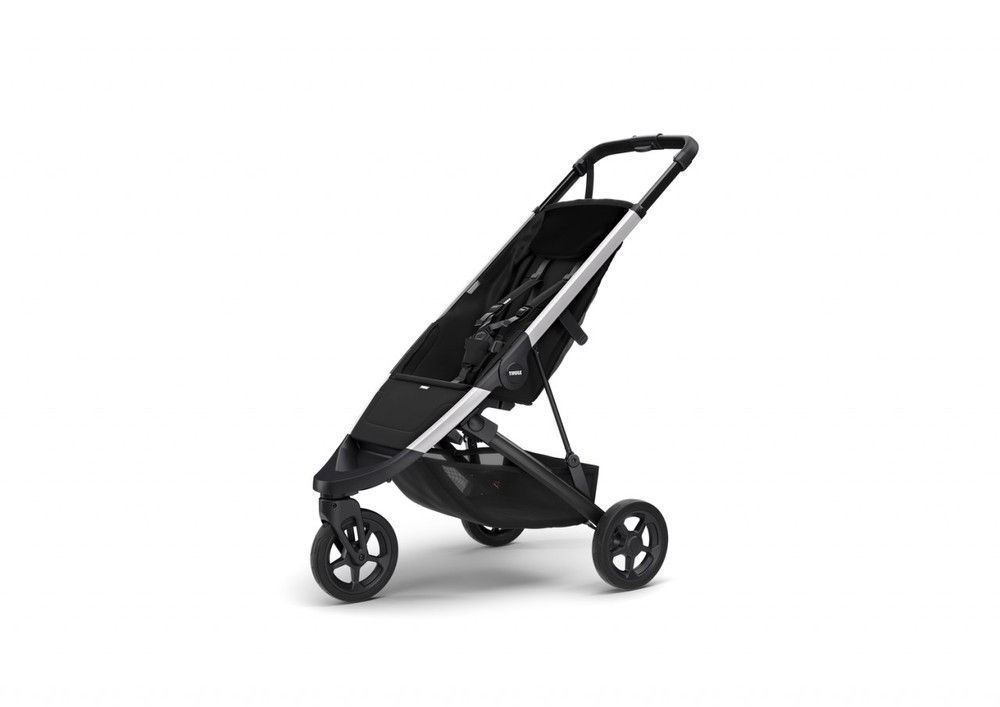 Lightweight aluminum stroller frame in black with a sleek design, featuring a collapsible seat, adjustable handle, and sturdy wheels for easy maneuverability.