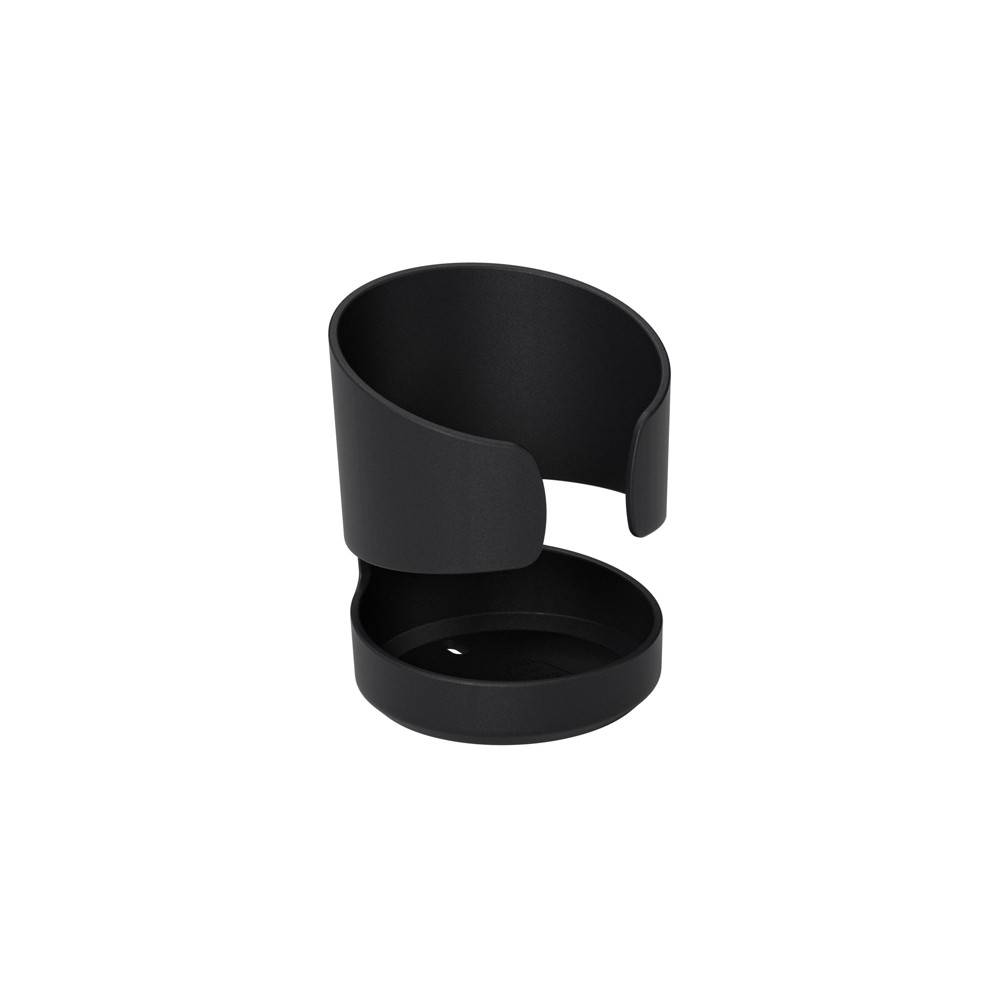 Black Thule stroller cup holder made of durable plastic, featuring a sleek design with a wide opening and a lower compartment for secure placement of beverages.