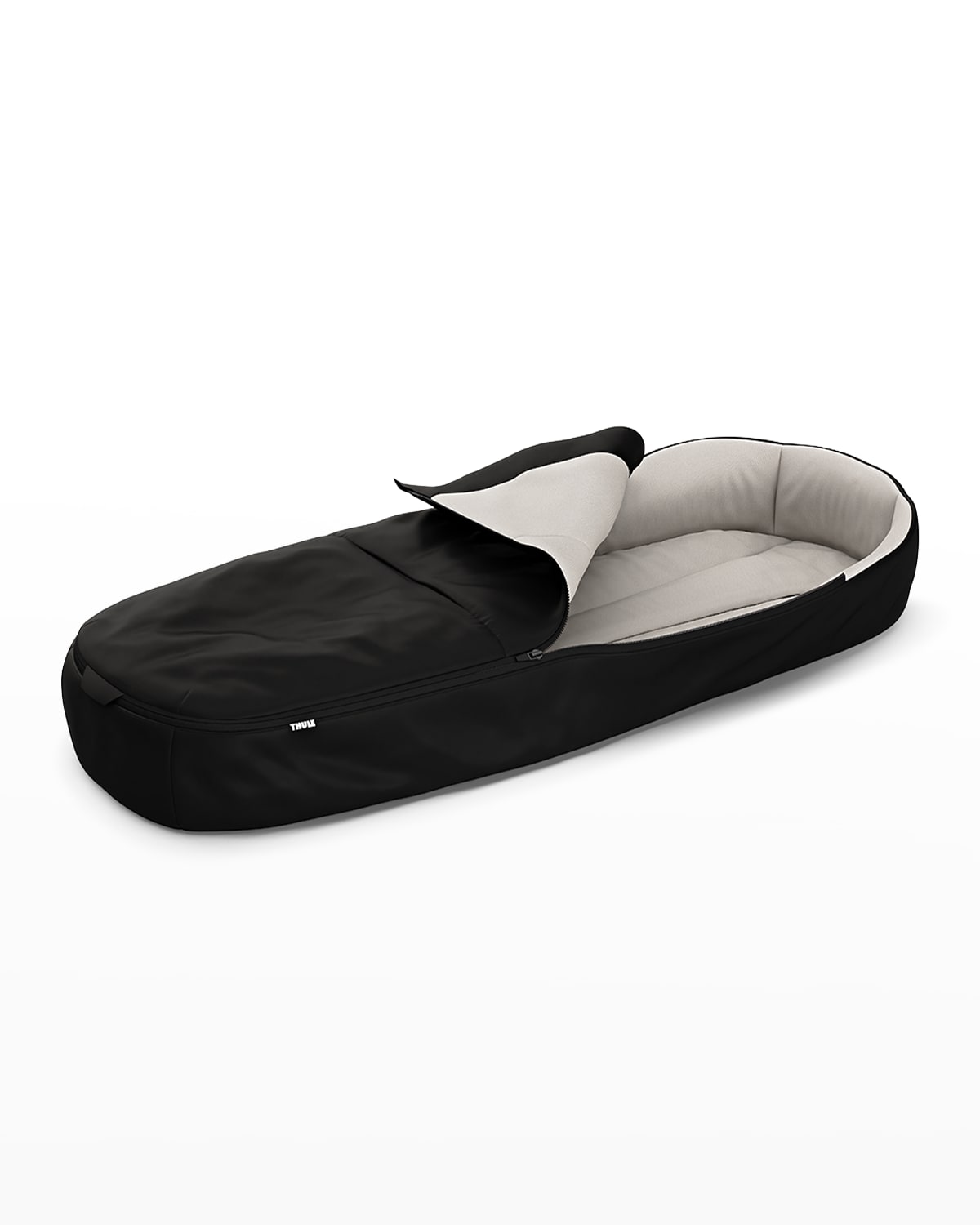 Black Thule stroller footmuff with a soft, light gray interior, featuring a zippered opening for easy access and a sleek, streamlined design for comfort and warmth.