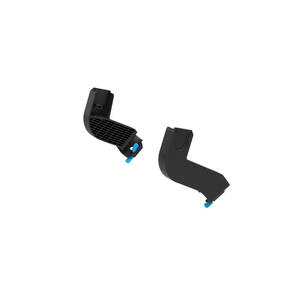 Black plastic adapter for Thule Glide/Urban strollers, featuring a textured grip and blue accents for securing the Maxi-Cosi infant car seat.