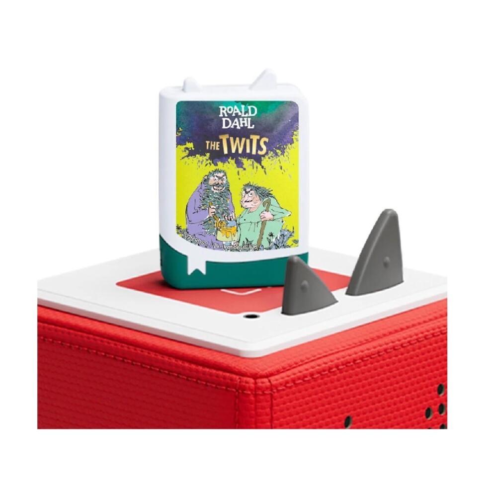 Colorful audiobook figure featuring "Roald Dahl's The Twits," with a green and yellow cover, placed on a red Tonies speaker with gray speaker fins.