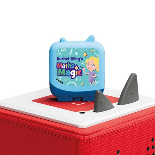 A blue Tonie figure featuring Rachel Riley with a playful design, sitting atop a red Toniebox, surrounded by math-themed graphics and two gray triangular ears.