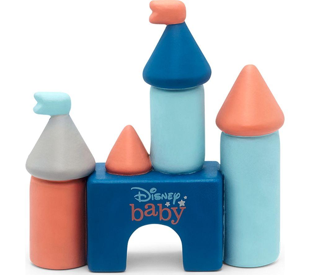 Colorful wooden toy castle featuring blue, coral, and gray towers with pointed roofs, labeled "Disney Baby" on a blue base, designed for imaginative play.