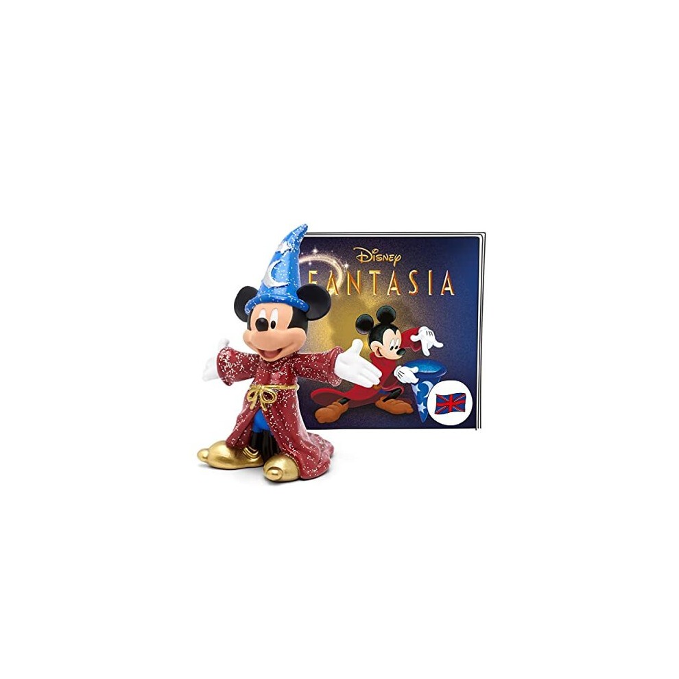 Mickey Mouse as a sorcerer, wearing a red robe and blue hat with glitter, stands beside a Fantasia-themed box featuring colorful artwork.