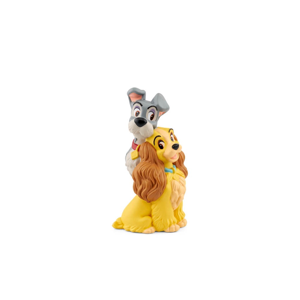 Colorful Tonies Toniebox character featuring Lady, a golden retriever with long hair, and Tramp, a gray dog, both made of durable plastic with detailed facial features.