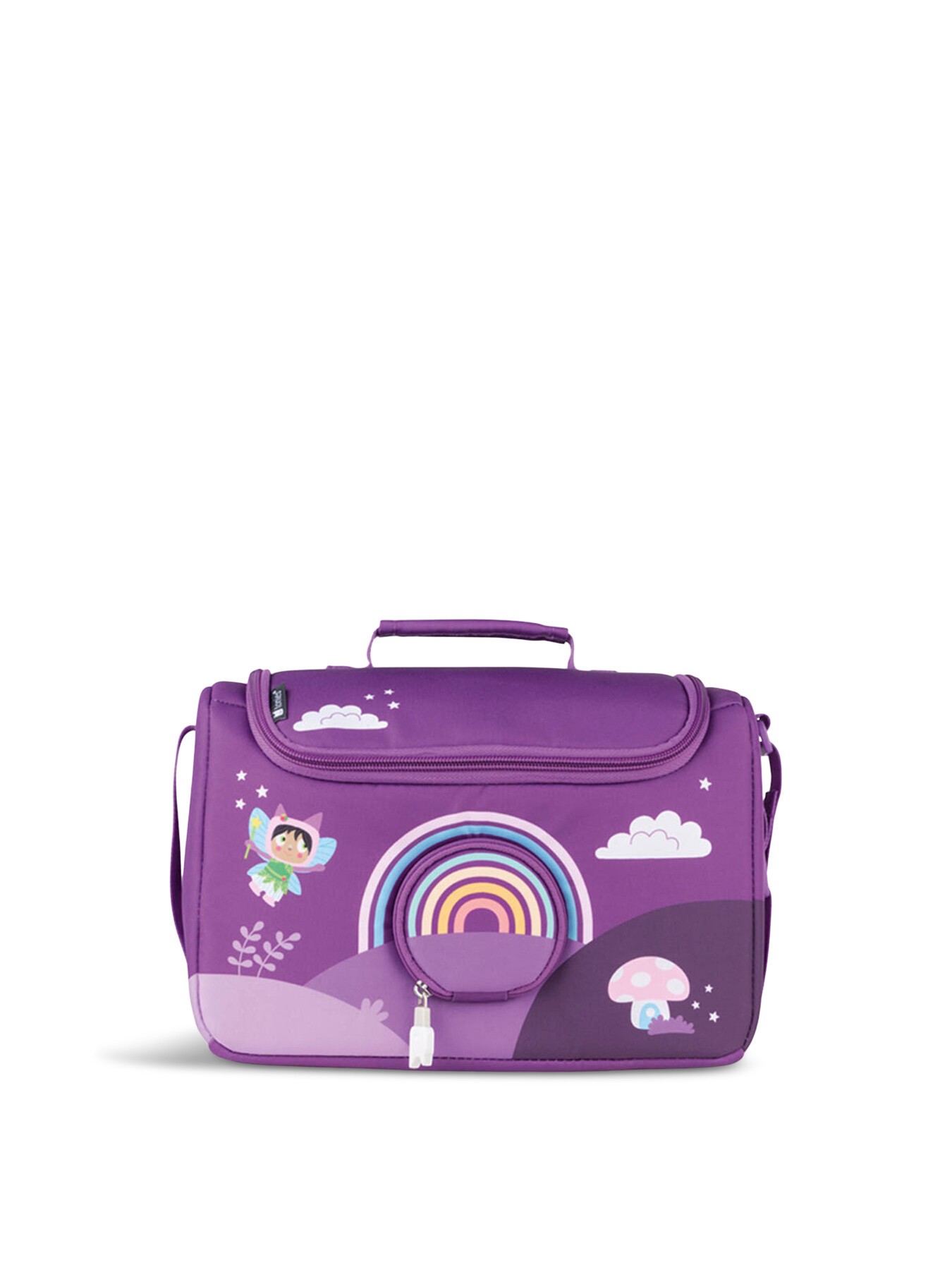 Purple fabric bag featuring a rainbow design, whimsical mushrooms, and a character flying, with a top handle and adjustable shoulder strap.