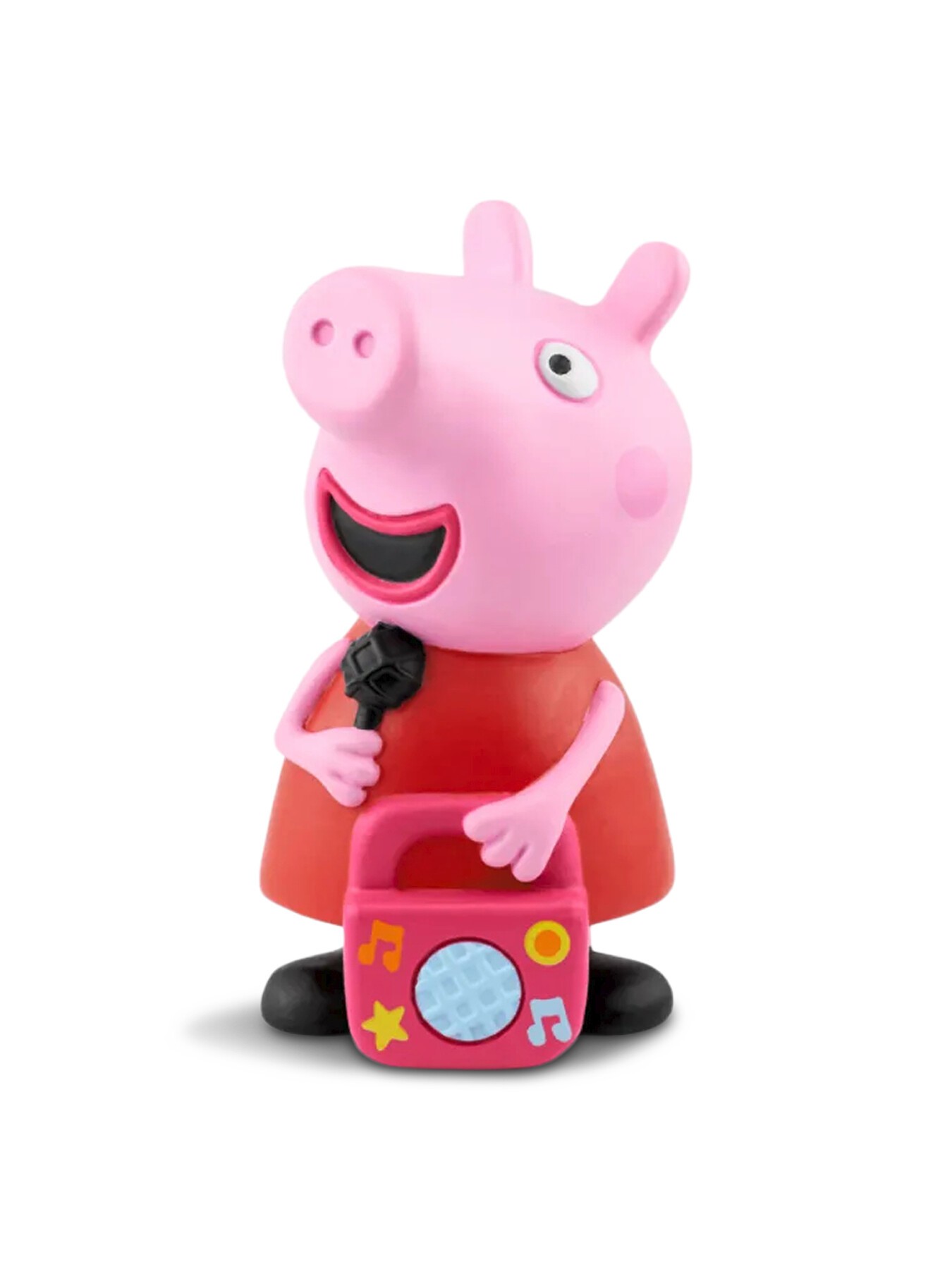 Peppa Pig figurine in a red dress, holding a colorful music player with musical notes, featuring a pink body, black shoes, and a cheerful expression.