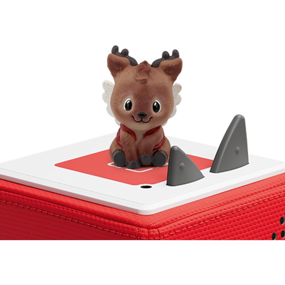 A cute, brown reindeer character with antlers and wings sits atop a red audio player, featuring a white square base with two gray buttons.
