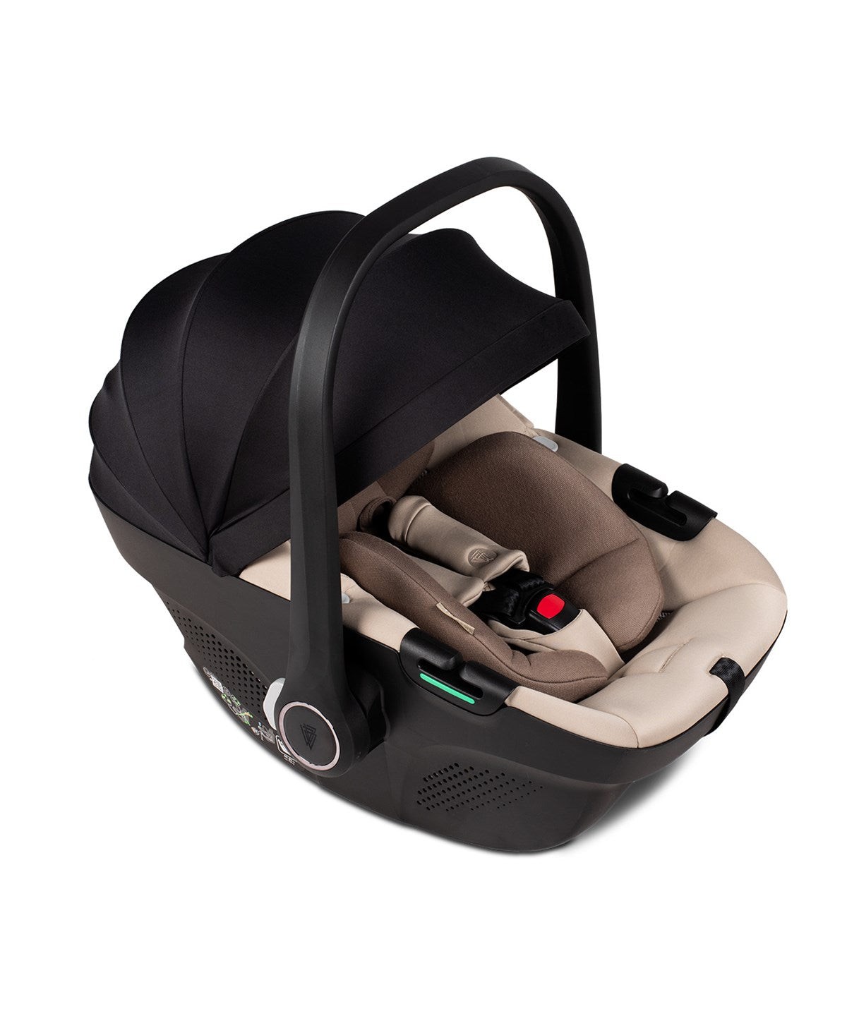 Venicci Tiago 360 I-Size Car Seat features a black canopy, beige cushioned interior, adjustable harness, and a sleek black base with ventilation holes.