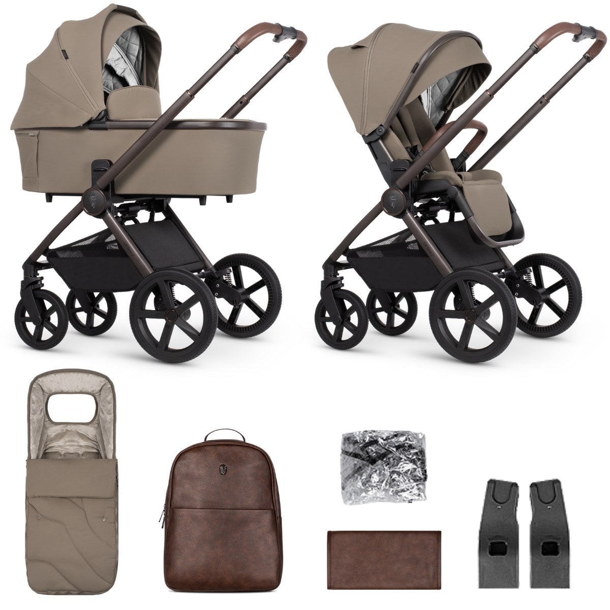 Venicci Upline 2 Special Edition pram in beige with a sleek design, featuring a removable carrycot, large wheels, a brown leatherette handle, and includes a backpack, footmuff, and accessories.