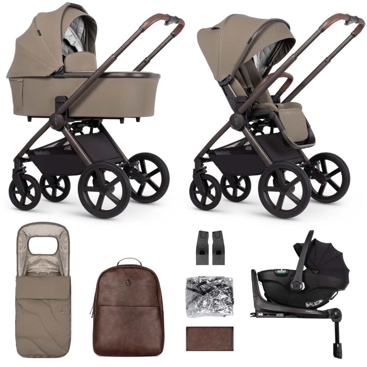 Venicci Upline 2 Special Edition Travel System features a stylish taupe fabric stroller with a brown leatherette handle, a cozy carrycot, car seat, backpack, and accessories.