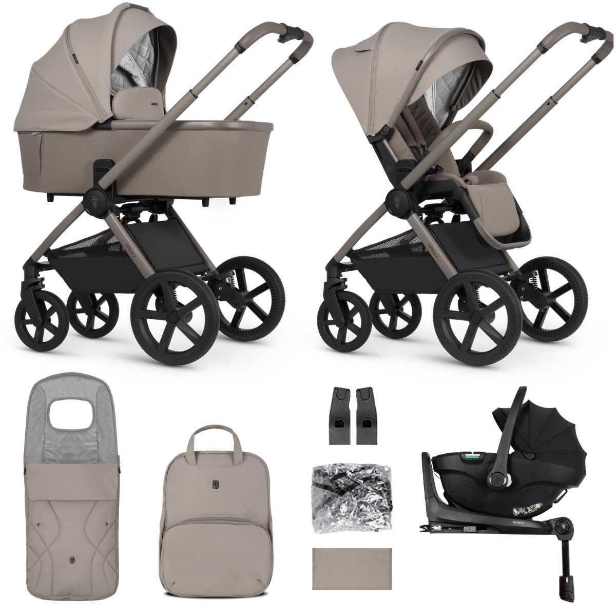 Venicci Upline 2 Travel System in neutral beige, featuring a sturdy frame, large wheels, a removable carrycot, and an infant car seat with a 360 base, accompanied by a changing bag and footmuff.