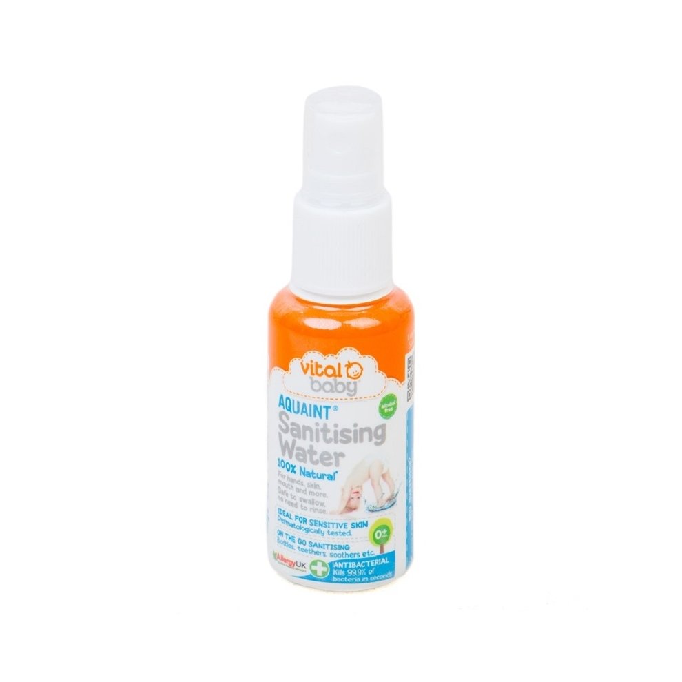 Vital Baby Aquaint Cleansing Water in a 50ml spray bottle, featuring an orange and blue label, designed for sensitive skin and made from 100% natural ingredients.