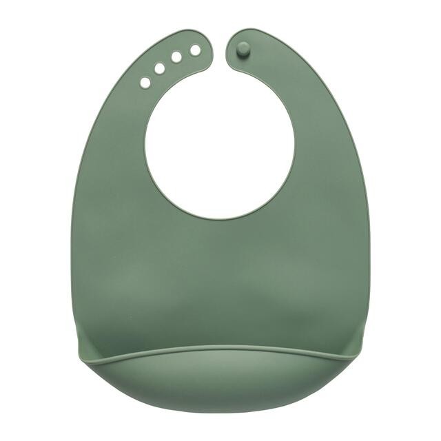 Natural moss green silicone bib with a rounded neck, adjustable snap closure, and a front pocket for catching spills.