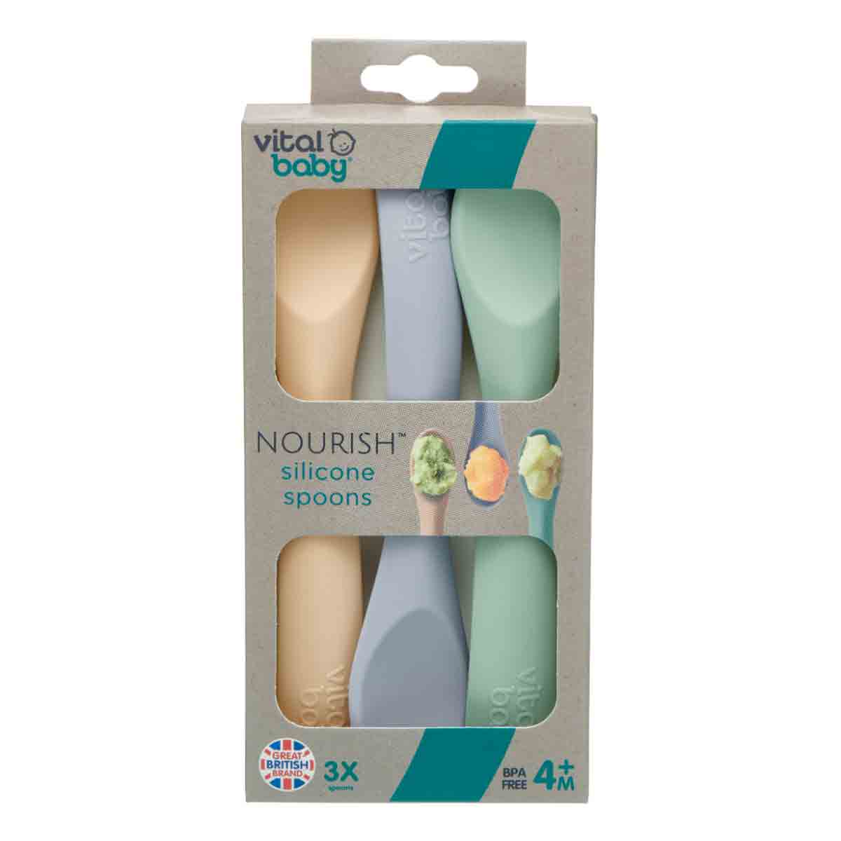 Three soft silicone spoons in pastel colors (peach, mint green, and light blue) with easy grip handles, packaged in a cardboard box, designed for baby's first tastes.